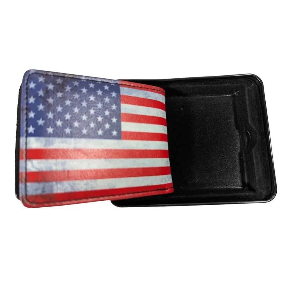 Patriotic Buckle Down Men's Wallet American Flag Rustic Billfold Tin Box Gift